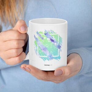 White Ceramic Mug with Aqua & Lavender Abstract Design